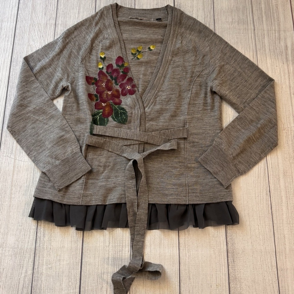 Anthropologie Fig & Flower Knit Cardigan Embroidered Waist Tie Bell Sleeve Wool